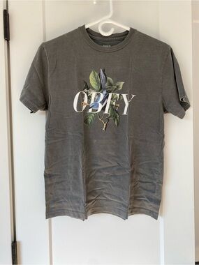 OBEY Women’s Gray Graphic Logo Tee with Botanical Print